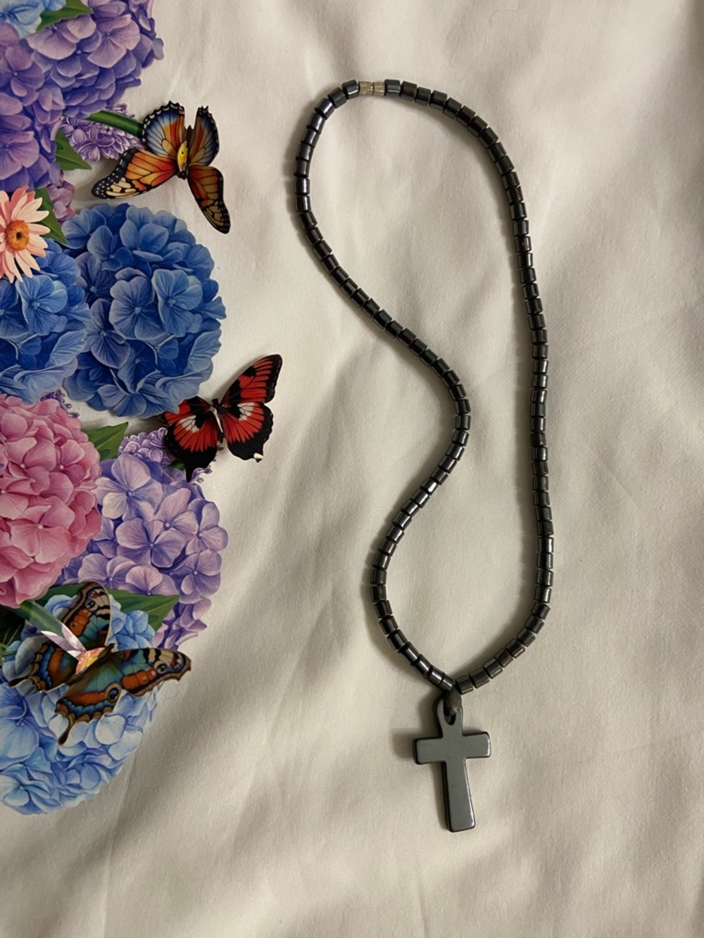 Hematite Bead Necklace with Cross Pendant - Gunmetal Gray